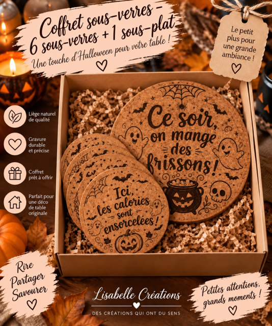 Duo sous-plat et 6 sous-verres en liège Halloween