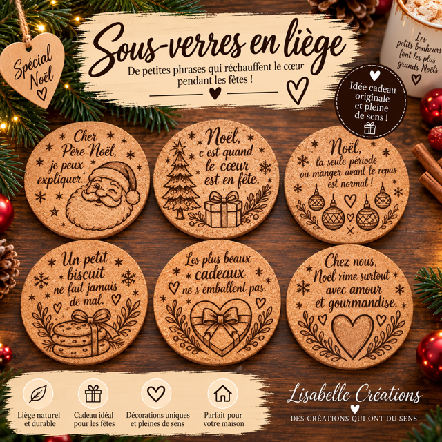 Lot de 6 sous-verres en liège de Noël modèle 1