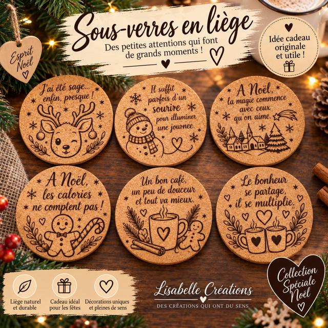 Lot de 6 sous-verres en liège de Noël modèle 2