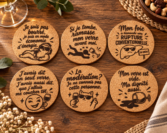 Lot de 6 sous-verres en liège humour décalé 10cm