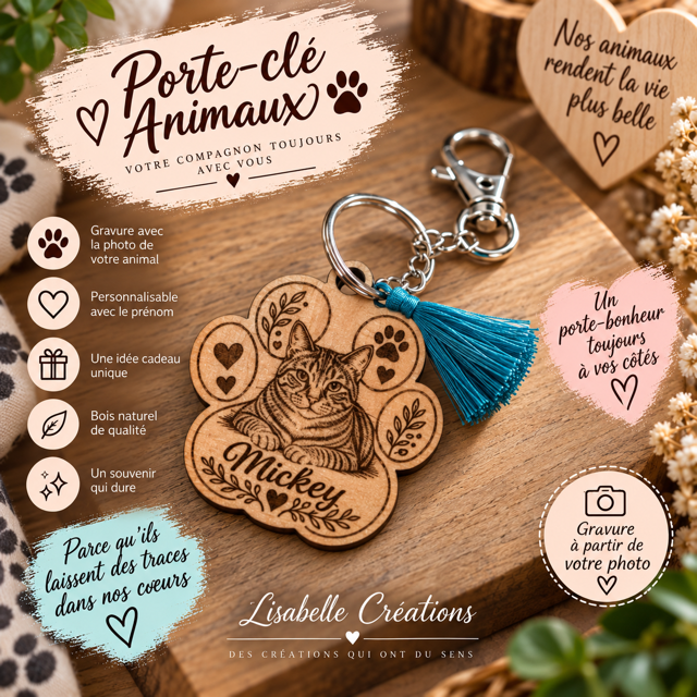 Porte-clé en bois personnalisé chat avec photo et prénom – 5 cm