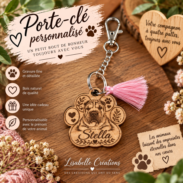 Porte-clé en bois personnalisé chien avec photo et prénom – 5 cm