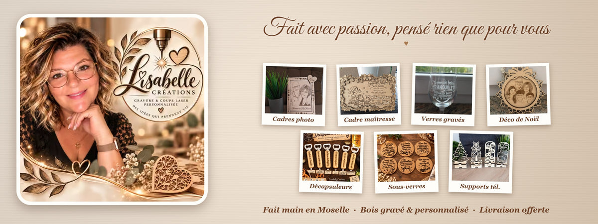 Isabelle, créatrice de Lisabelle Créations, et ses créations en bois gravé