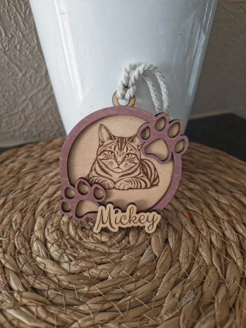 Boule de Noël en bois personnalisée chat avec prénom, photo réelle