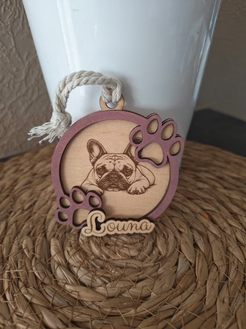 Boule de Noël en bois personnalisée chien avec prénom, photo réelle