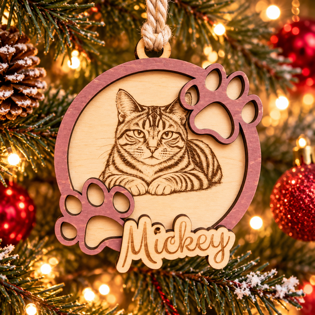 Boule de Noël en bois personnalisée avec portrait de chat et prénom