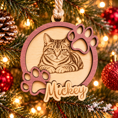 Boule de Noël en bois personnalisée avec portrait de chat et prénom