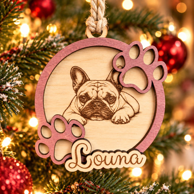Boule de Noël en bois personnalisée chien, autre exemple de portrait et prénom