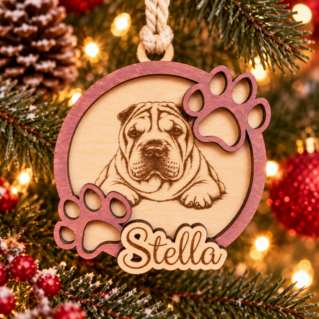 Boule de Noël en bois personnalisée avec portrait de chien et prénom