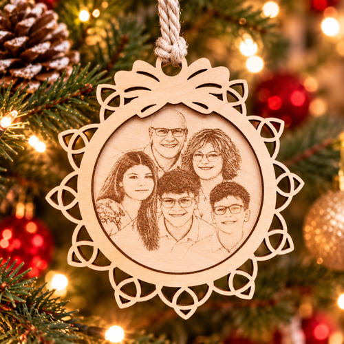 Boule de Noël en bois personnalisée avec photo de famille gravée