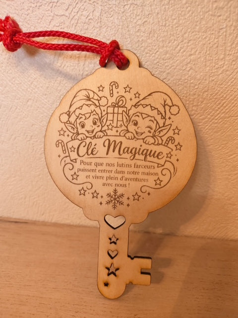 Clé Magique des lutins farceurs en bois – recto/verso – 16,5 x 10 cm
