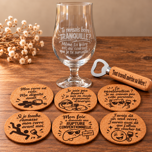 Coffret cadeau personnalisé avec verre à bière gravé, 6 sous-verres en liège et décapsuleur