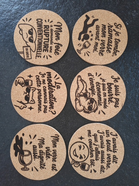 Lot de 6 sous-verres en liège humour décalé 10 cm, photo réelle