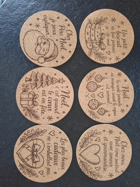 Lot de 6 sous-verres en liège de Noël modèle 1, photo réelle