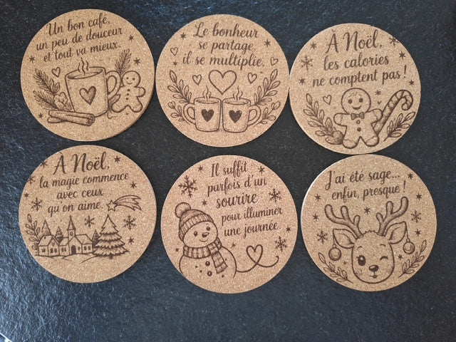 Lot de 6 sous-verres en liège de Noël modèle 2, photo réelle