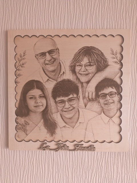Cadre photo en bois personnalisé carré 30 cm avec photo de famille gravée, photo réelle