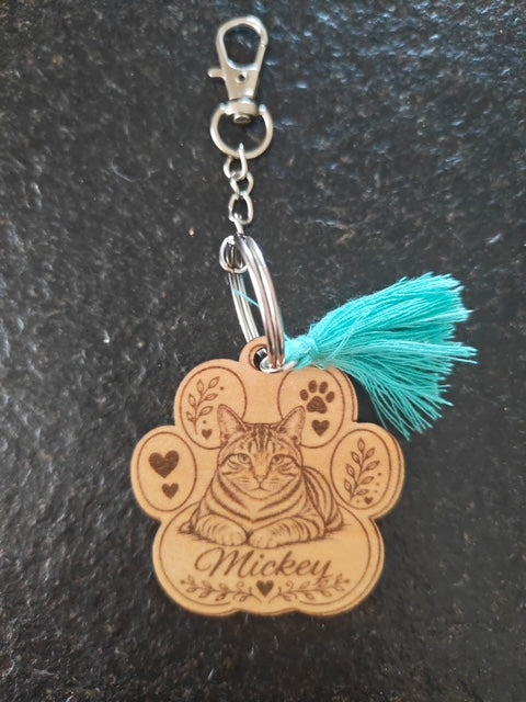Porte-clé en bois personnalisé chat avec prénom, photo réelle