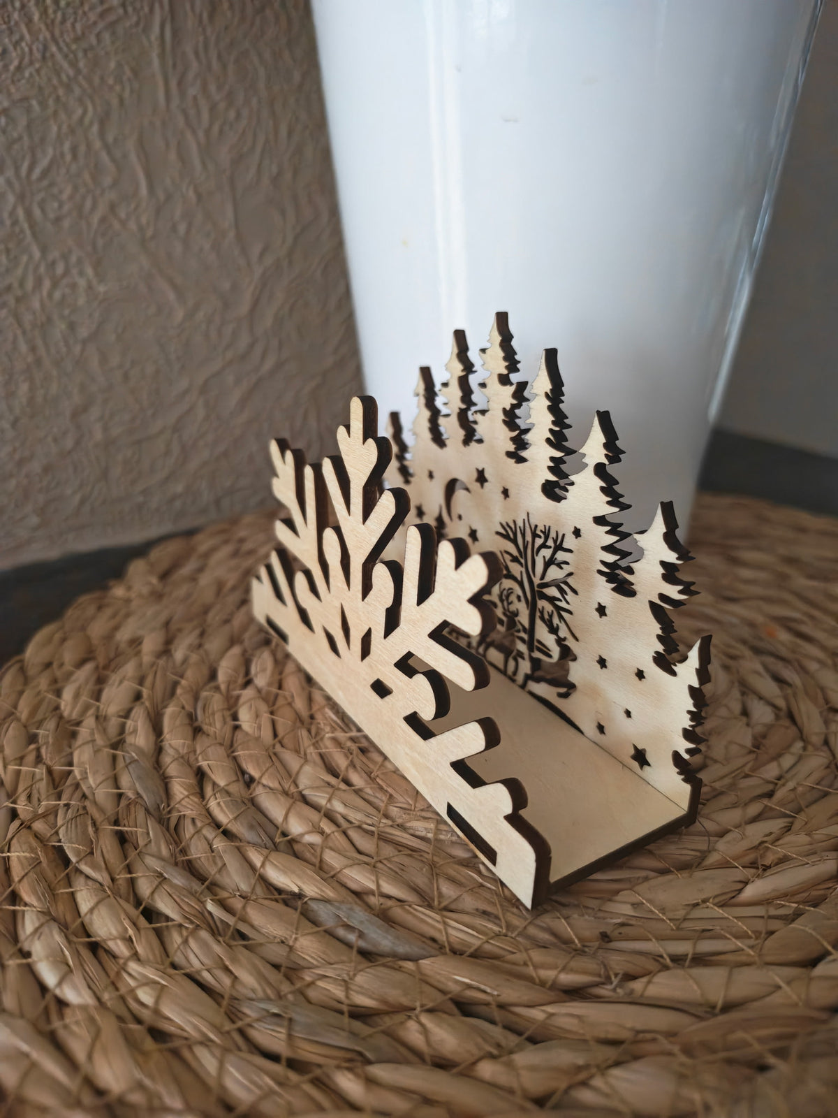 Porte-serviette de table en bois Noël vu de face, photo réelle