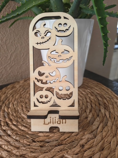 Support de téléphone en bois citrouille Halloween personnalisé avec prénom, photo réelle