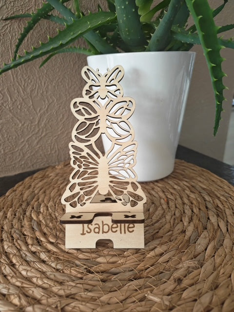 Support de téléphone en bois papillon personnalisé, photo réelle