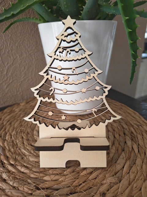 Support de téléphone en bois sapin de Noël personnalisé, photo réelle
