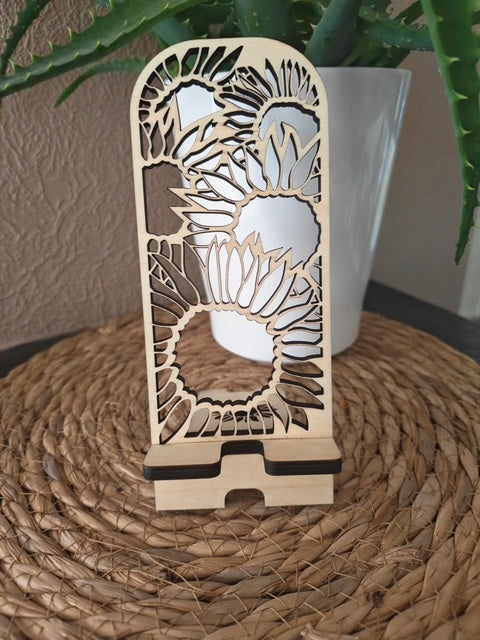 Support de téléphone en bois tournesol personnalisé, photo réelle