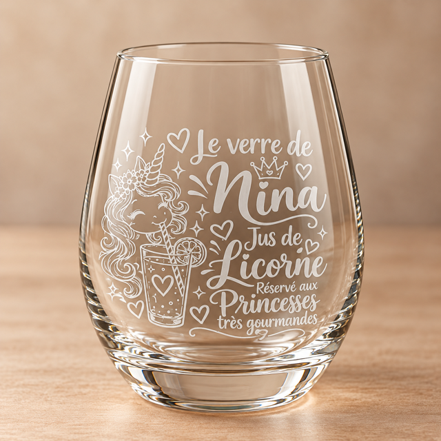Verre enfant gravé personnalisé avec prénom, modèle licorne